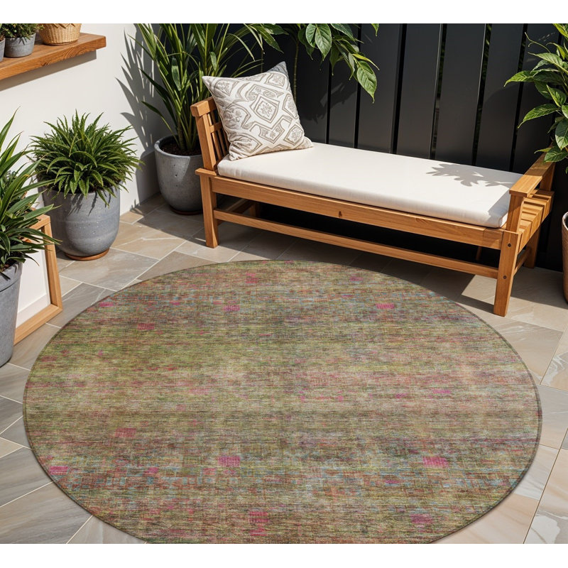 Tapis intérieur / extérieur rond lavable floral 8 pi vert et rose artichaut