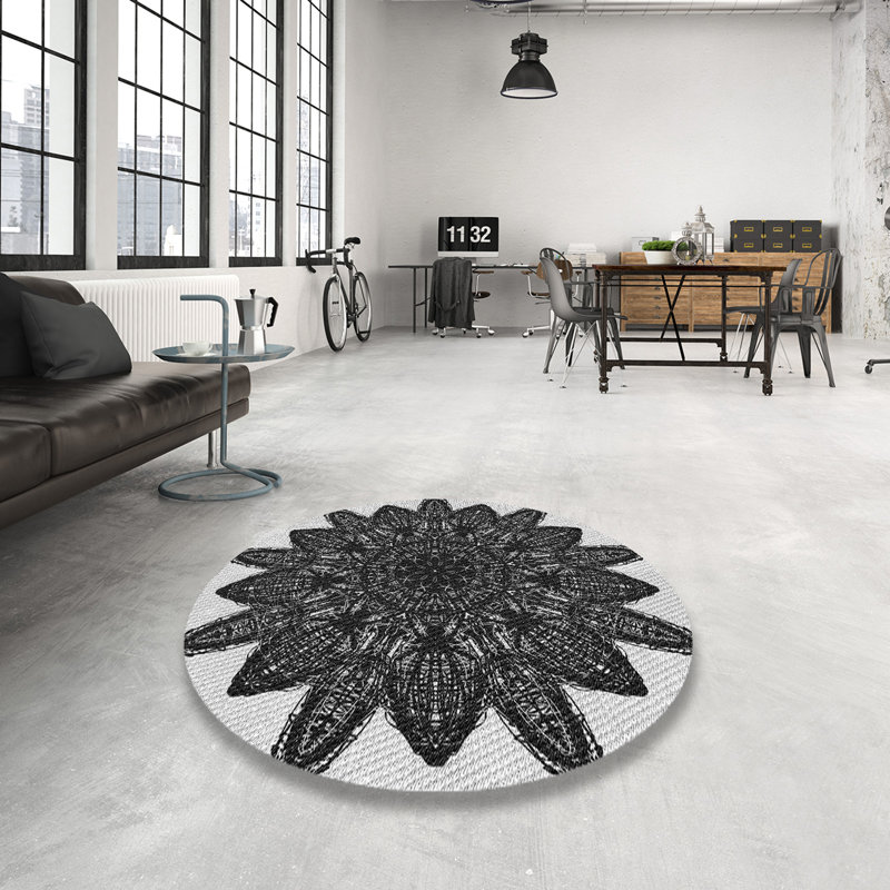Tapis noir/gris tissé à la machine, Rond 4 pi