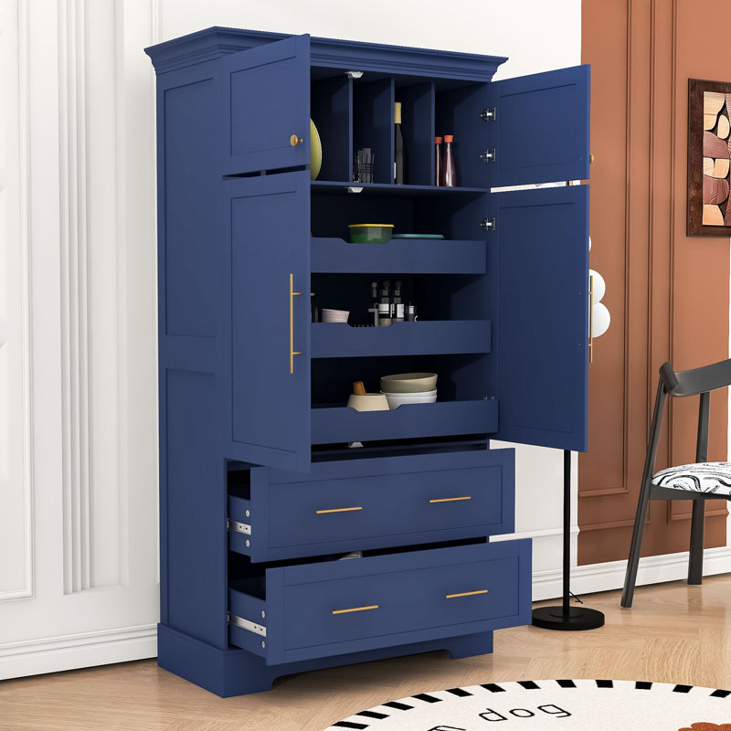 Armoire de garde-manger autoportante avec portes et plateaux coulissants, Bleu très foncé