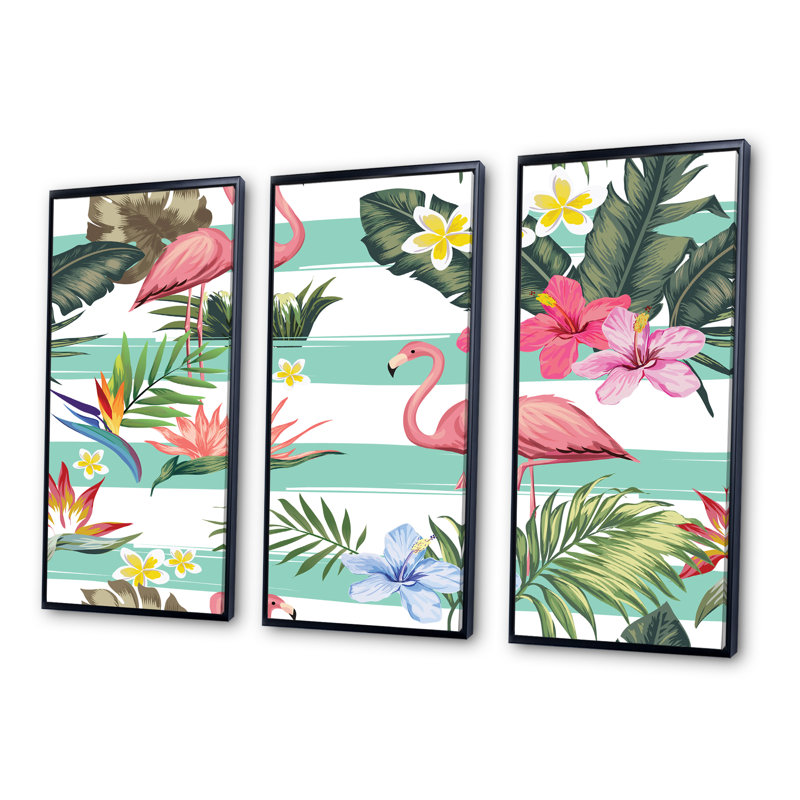 «Tropical Botanicals, Flowers and Flamingo», reproduction de cadre photo sur toile 3 pièces, Cadre noir