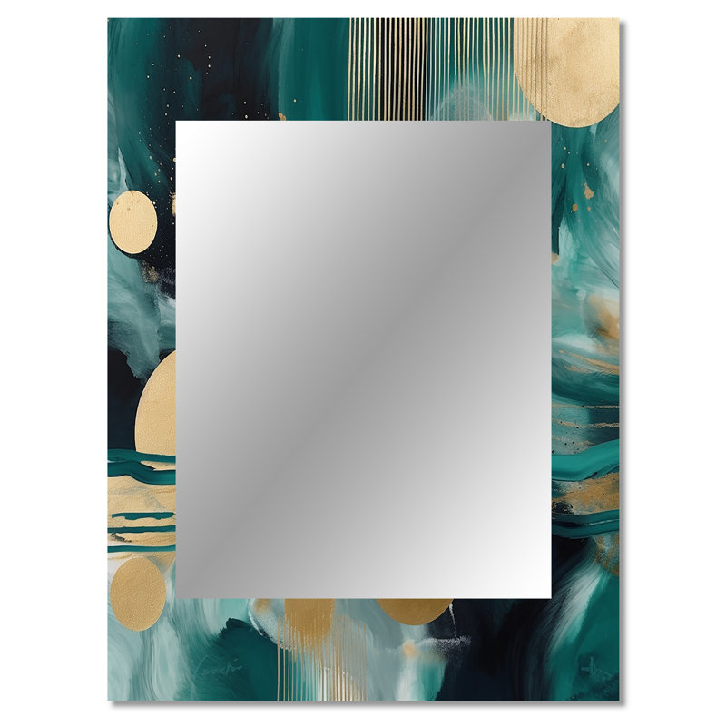 Vive émeraude et or contours des cercles II - grand miroir mural de formes abstraites, miroir unique moderne, art imprimé en métal