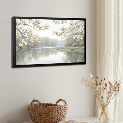 Toile noire encadrée en bois noir pour salon, chambre à coucher, bureau ou vestibule - décoration murale décorative avec rivière florale
