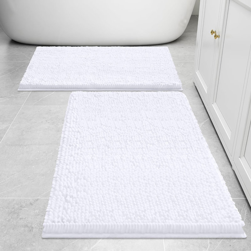 2 Piece Set Soft Cozy Plush Chenille Bath Mat Bathroom Rug, 20" W x 32" L, White