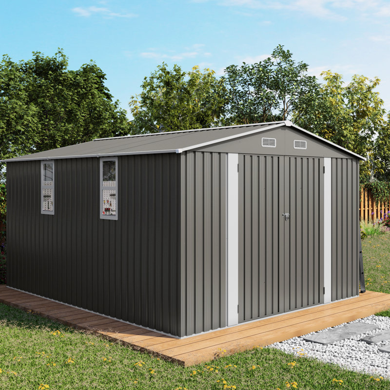 Remise de rangement extérieure grise 10 x 12 pi avec double porte et fenêtres d'aération, Gris