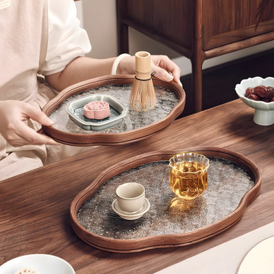 Bamboo Wood And Glass Tea Tray With Vintage Design For Serving Snacks, Breakfast, And Tea At Home