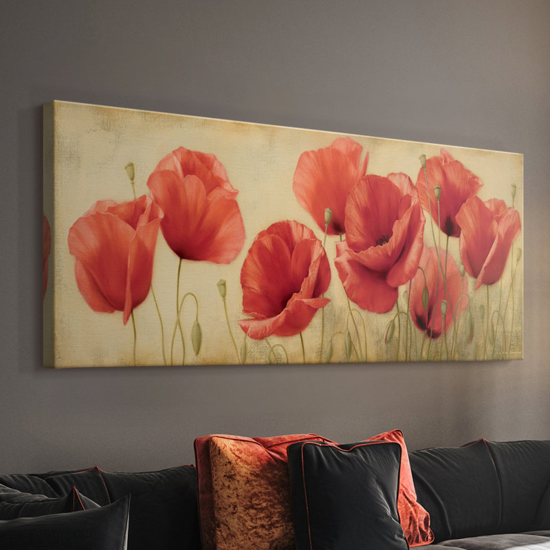 Poppies Grace II - Toile tendue avec châssis - Prêt à accrocher, H 20 po x l 50 po