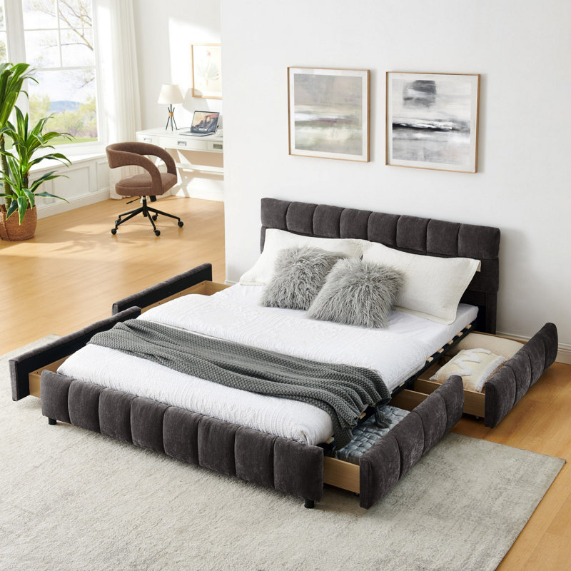 Lit tapissier avec tête de lit et tiroir de rangement, Gris foncé