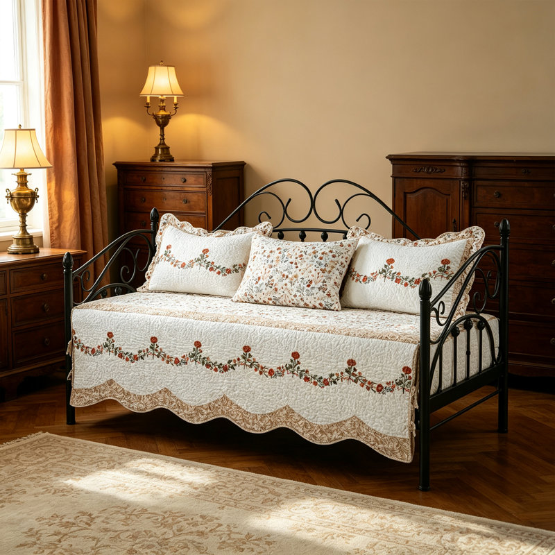 4 Piece Carnation Floral Embroidery Daybed Cover Set, Carnation Floral