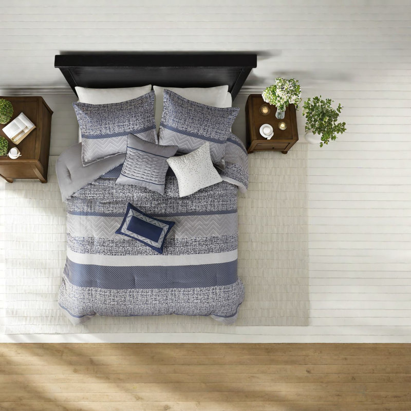 Ensemble de literie luxueux en jacquard bleu marine, édredon en polyester au design chic