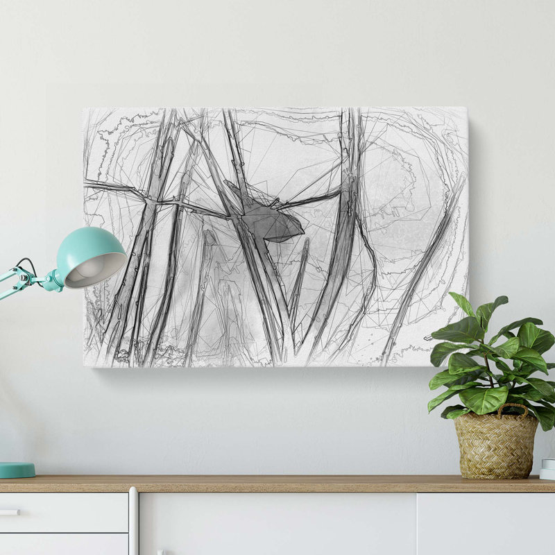 Bird on a Branch in Abstract - Wrapped Canvas Drawing - Wrapped Canvas, 50cm H x 76cm W x 3cm D