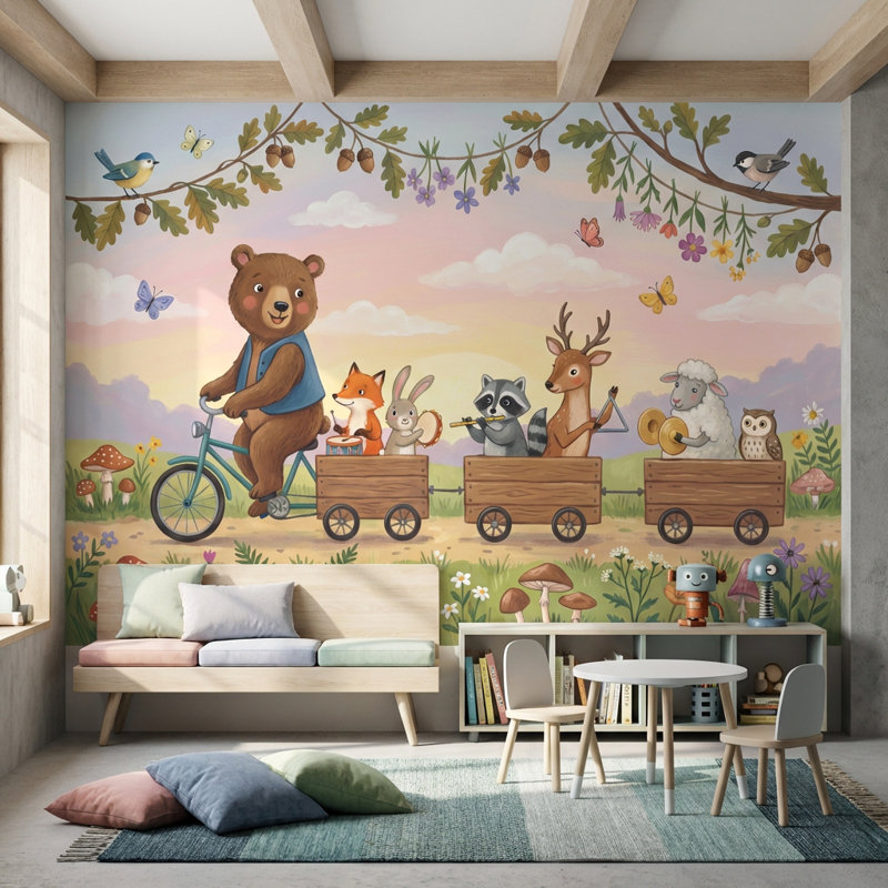 Papier peint animaux fantaisistes, bicyclette, forêt, 120"x96", Peler et coller
