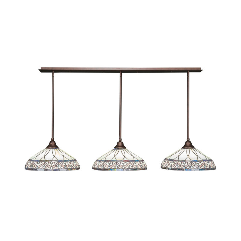 3 Light Stem Hung Linear Pendalier Shown With 16" Royal Merlot Art Glass, Bronze