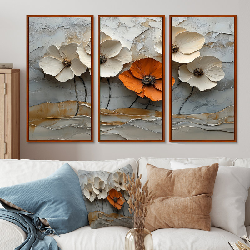 Blanc et orange, coquelicots en fleurs - coquelicots, art mural pour le salon - ensemble de 3, H 40 po x l 60 po, Brun