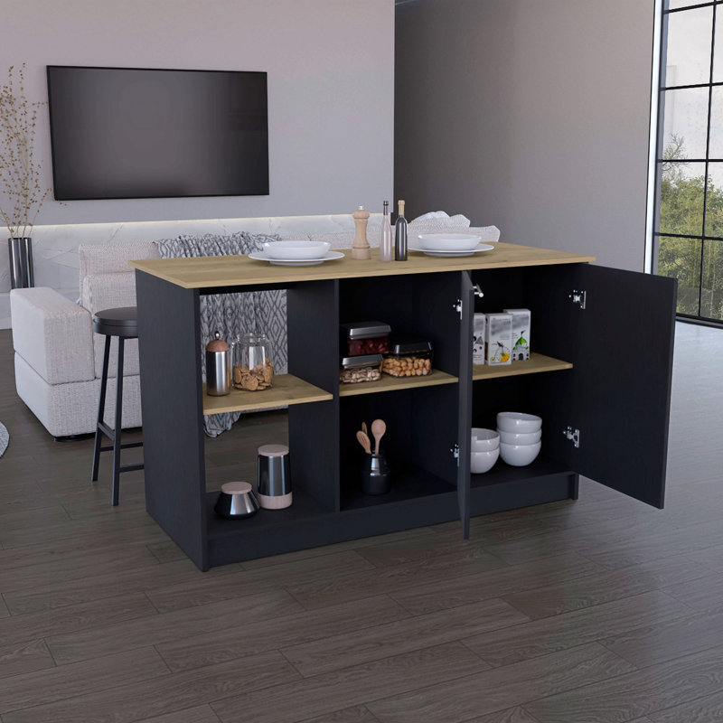 Îlot de cuisine avec grand comptoir, tablettes de rangement ouvertes et armoire à deux portes, noir, Noir