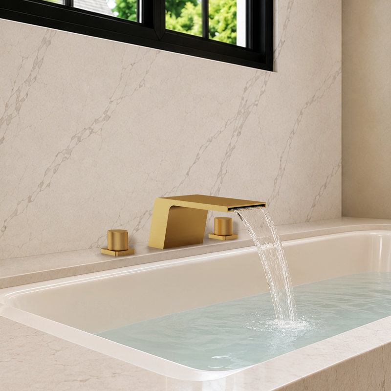 3-Hole Deck Mount Waterfall Roman Tub Faucet, Gold