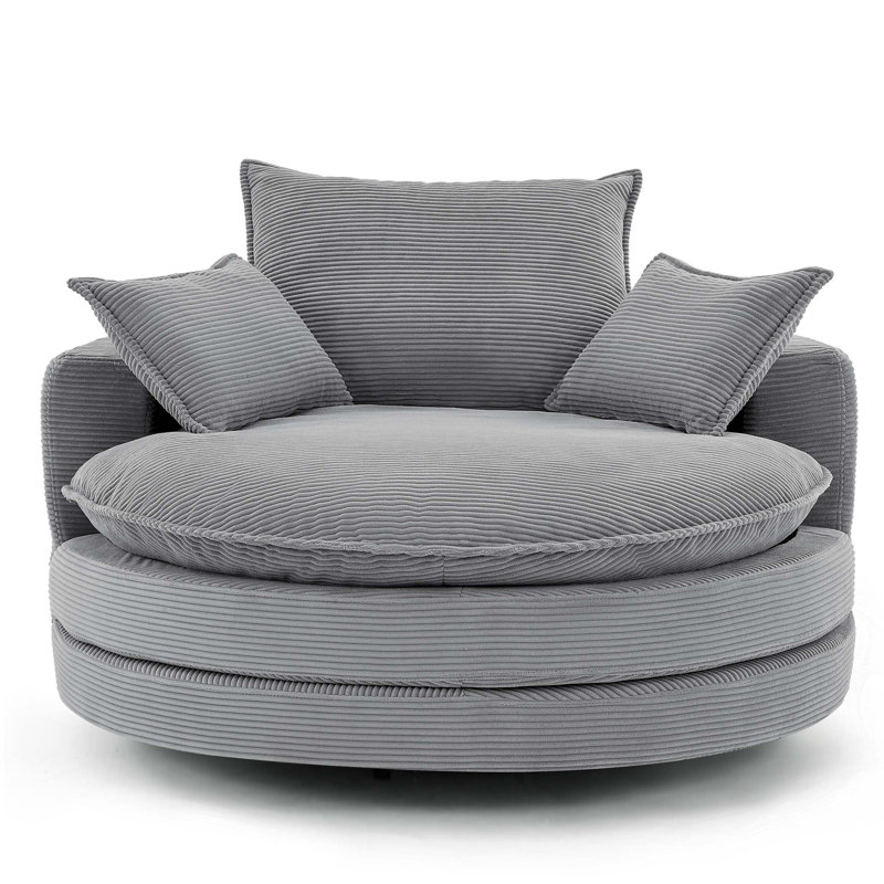 57.5" W Oversized Corduroy Upholstered 360° Swivel Round Accent Barrel Chair, Gray