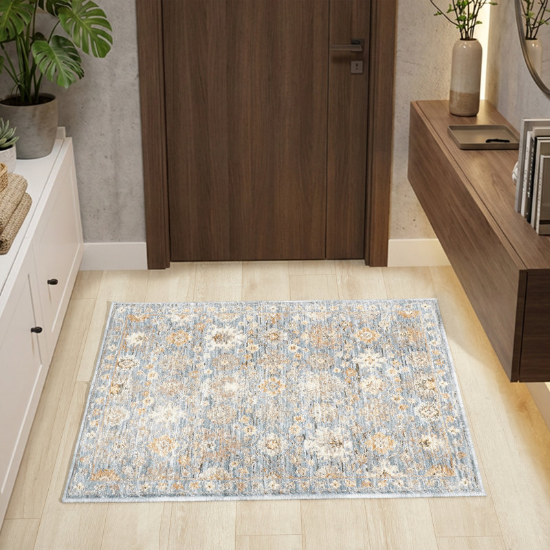 Tapis d'intérieur Bertradis bleu/multicolore à motif floral vintage performant, 2 pi 3 po x 3 pi 0 po