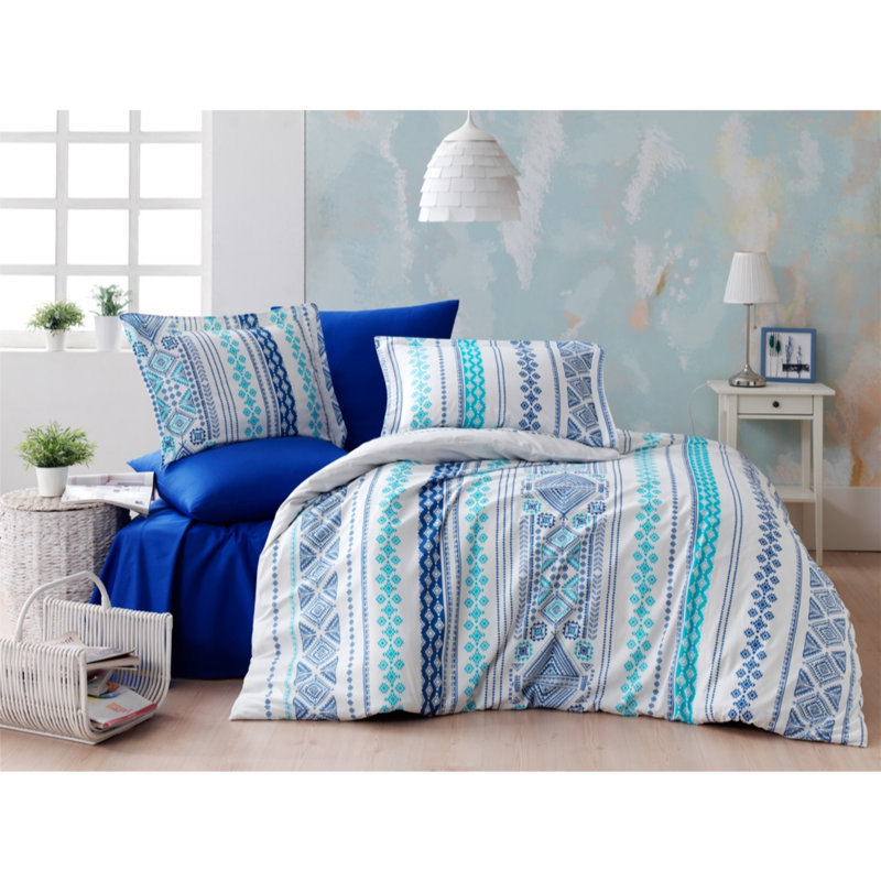 Ensemble de housse de couette 100% coton 3 pièces Tavarez, Bleu foncé / turquoise