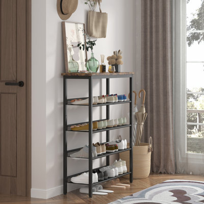 Industrial Shoe Rack with 5-Layer Storage, Sturdy Metal Frame and Wooden Top for Versatile Home Organization
