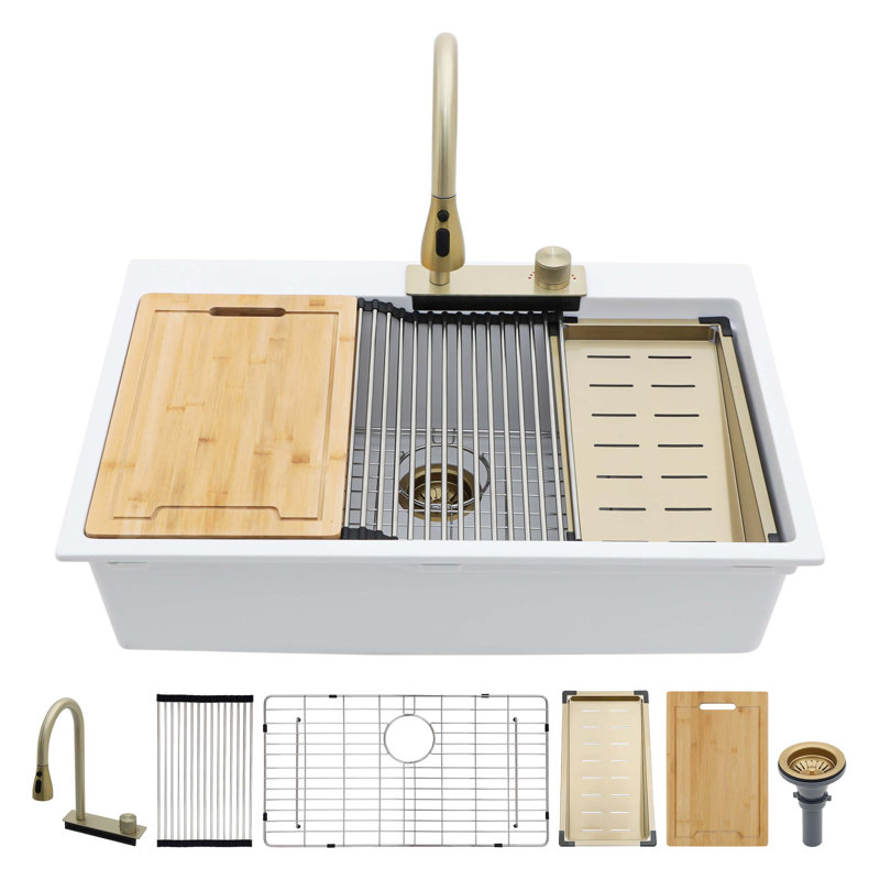 33x22" Composite Granite Quartz Single Bowl Workstation kitchen sink with Pull-Out Faucet - Drop In Waterfall Kitchen Sink