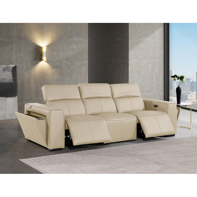 Top Grain Italian Leather Modular Power Dual Reclining Sofa With Power Headrests, Beige