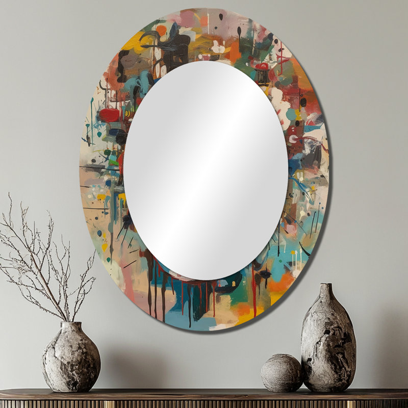 Abstract Face Portrait II - Yellow Modern Oval Wall Mirror, 40" x 30"