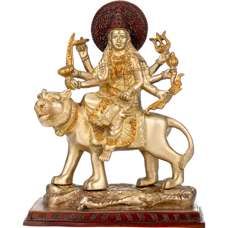 Durga en laiton, assise sur un lion, Brun / Doré