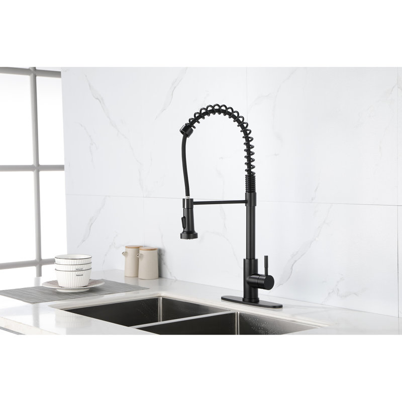 Robinet d'évier de cuisine noir mat avec douchette extractible - Acier inoxydable, pivotant sur 360 °, ressort à poignée simple noir, douchette, traitement de surface contre la corrosion