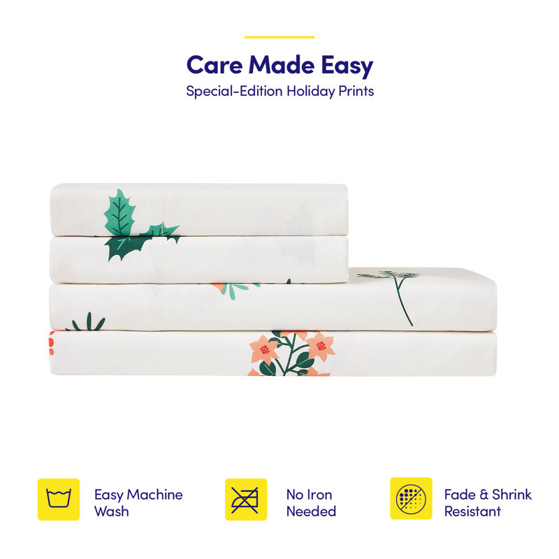 Printed Holiday 4Pc Sheet Sets, Easy Care, Soft & Wrinkle-Resistant Holiday Bedding - Poinsettia, Queen