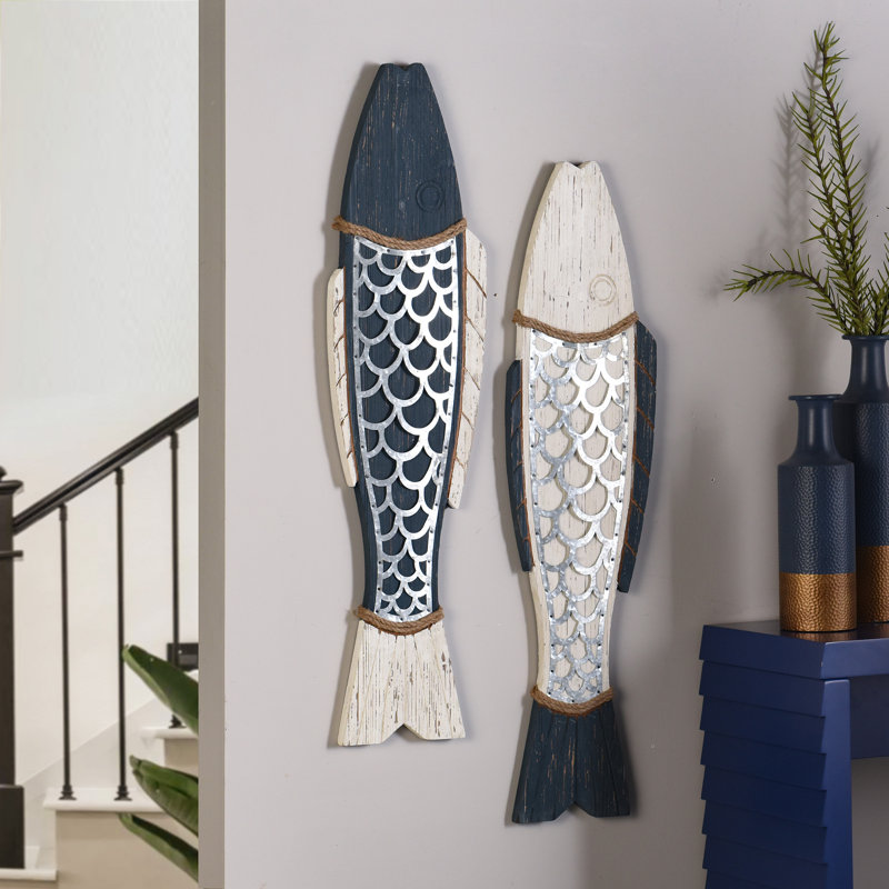 Ensemble de 2 décorations murales en bois, Bleu foncé / Blanc