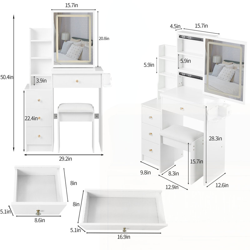 Petit meuble-lavabo 29,2 po à DEL avec tabouret, White