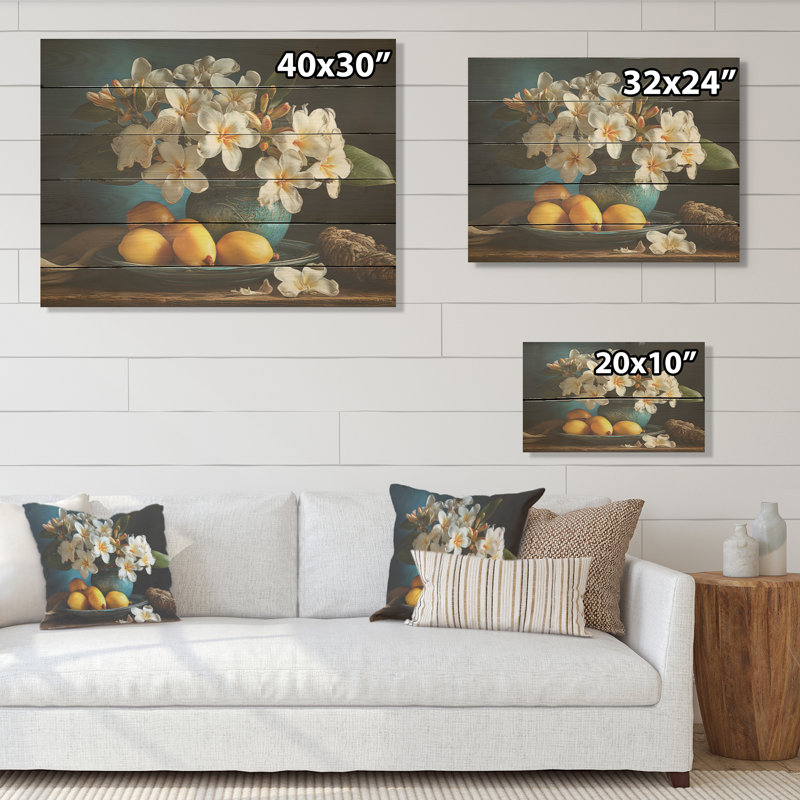 Plumeria Vase Bouquet Still Life - Plumeria Wood Art On Natural Pine Wood, 10" H x 20" W