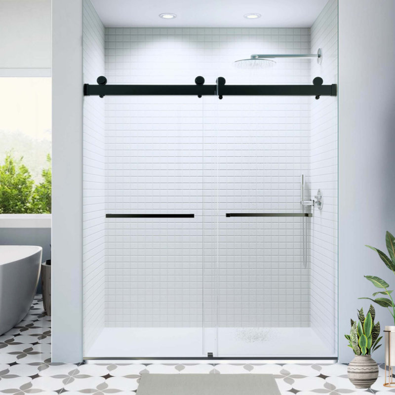 Double porte de douche coulissante sans cadre à fermeture en douceur avec verre trempé de qualité supérieure (8 mm) et revêtement facile à nettoyer