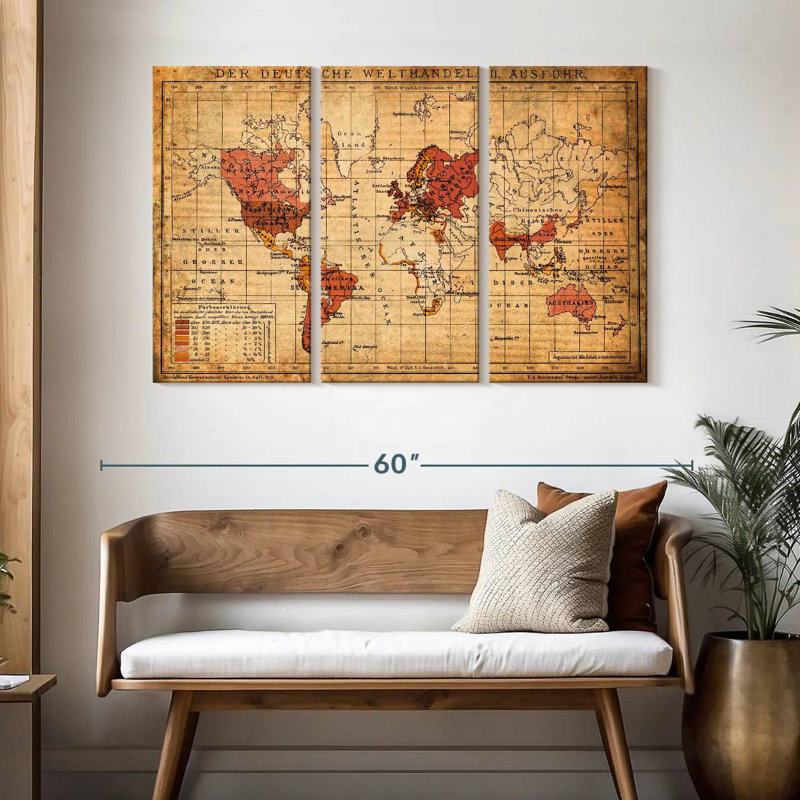 Old German World Map, 32" H x 50" W