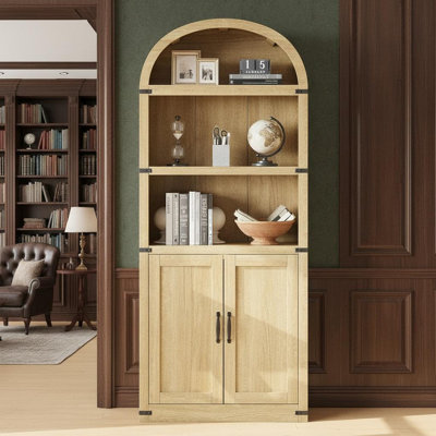 Bookcase with Doors Arched Bookshelf 71.65 in Tall Bookcase Farmhouse Cabinet with Shelves Wooden Bookshelves for Home Office, Living Room