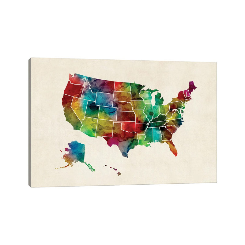United States Watercolor Map by Michael Tompsett - 1 Piece Wrapped Canvas Wall Art, 66.04cm H x 101.6cm W
