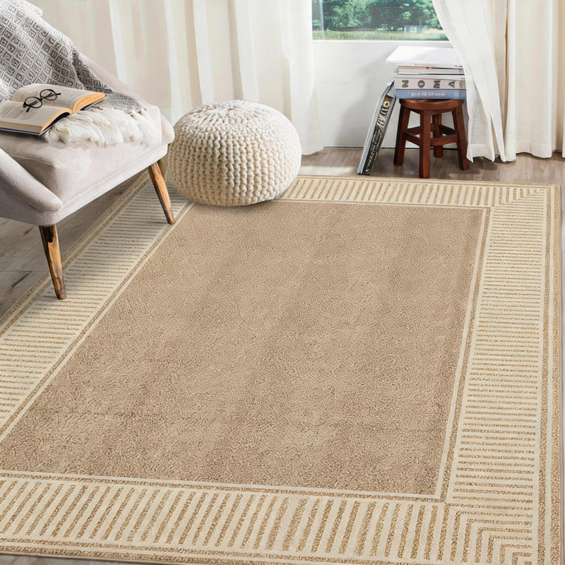 Tapis de salon 240 x 300 cm, bordure rayée moderne, envers en caoutchouc, poils courts, résistant aux taches, tapis de salle à manger, tapis contemporain à bordure pour la maison ou le bureau, kaki