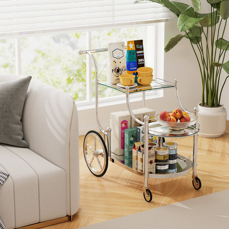 3-Tier Home Bar Serving Cart on Wheels w/ Mirrored Shelves for Kitchen, Silver