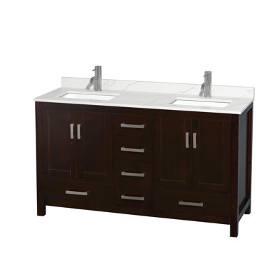 Meuble-lavabo double autoportant 60 po avec plateau en quartz Sheffield
