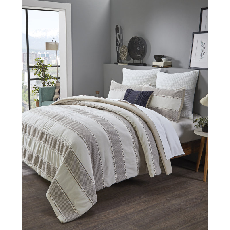 Janson Polyester Jacquard Striped Comforter, Ivory/Taupe Striped, Queen Comforter + 2 Standard Shams