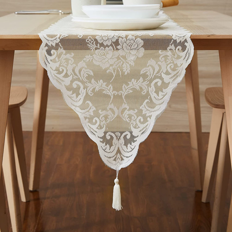 Chemin de table en dentelle avec 2 pampilles, Ivoire, 14 po x 48 po