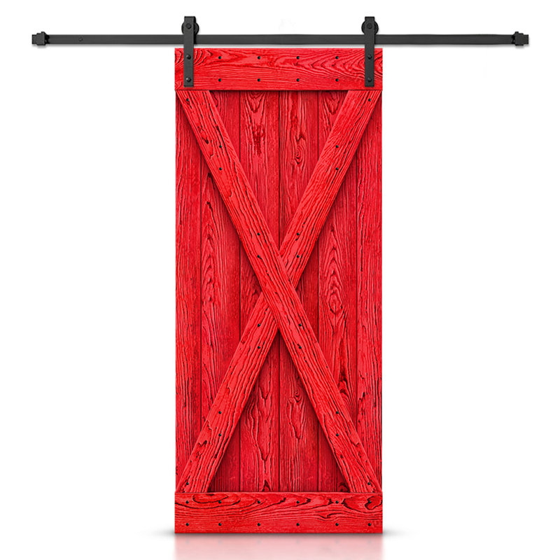 Porte de grange lambrissée peinte en bois et en métal avec trousse de quincaillerie d'installation, Rouge, 22 po x 84 po