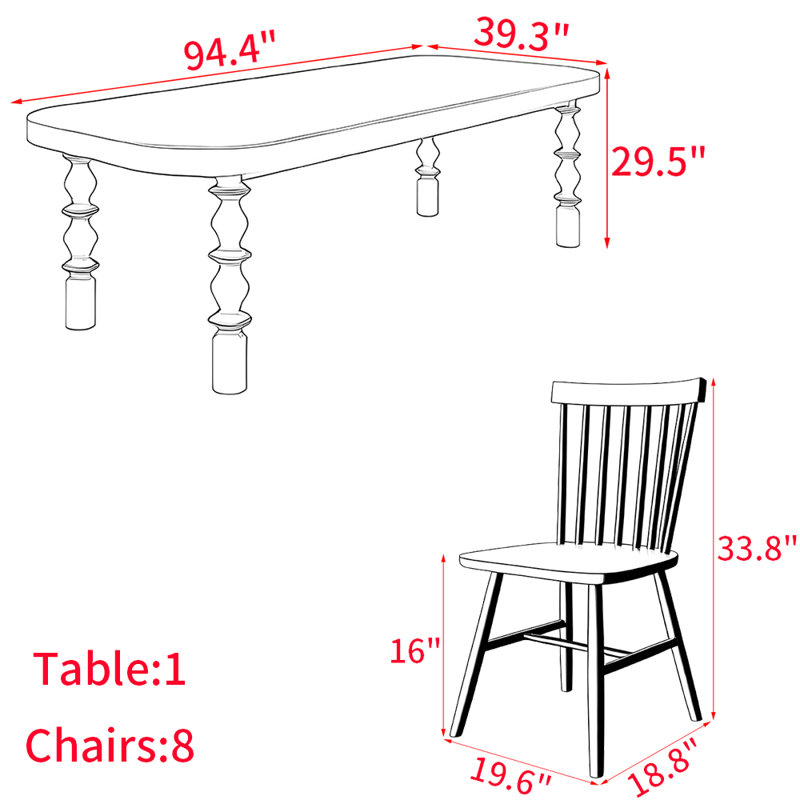 Ensemble de table de salle à manger en bois massif de style américain, H 29,5 po x L 94,4 po x l 39,3 po