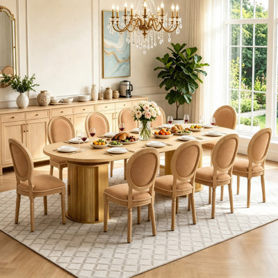 11 Piece Extendable Dining Table Set for 10, 47-118" Oval Natural Wood Kitchen Table with Storage Base, 10 French Tufted Chairs