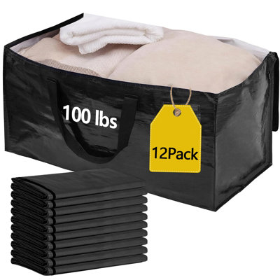 Waterproof Moving Storage Bags, 100 lbs Extra Large Heavy Duty Totes with Reinforced Handles & Strong Zippers, Reusable Moving Box Alternative for Packing Moving Household Storage, 12 Pack, 95L, Black