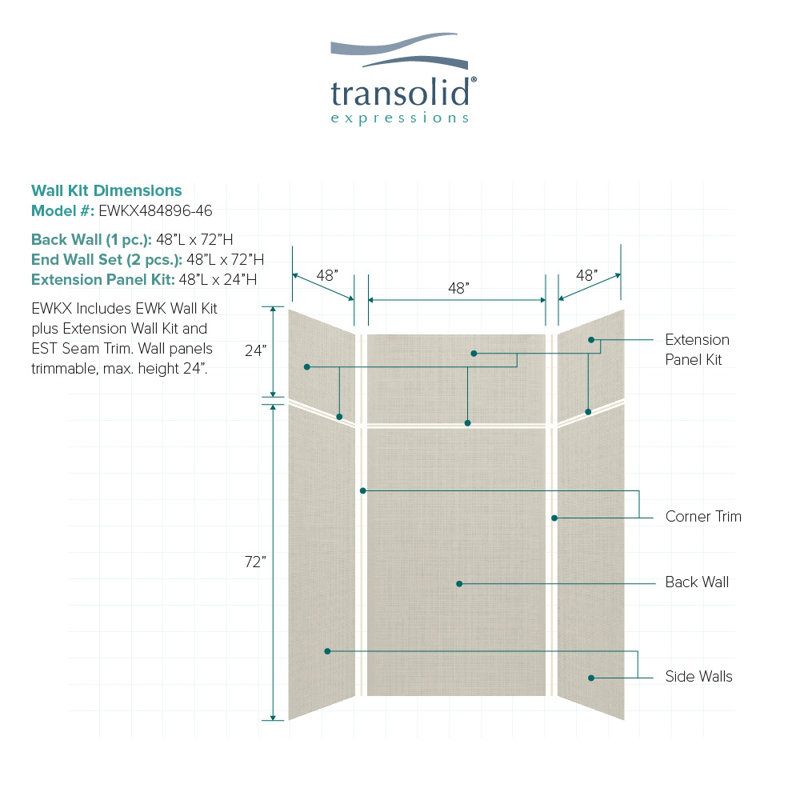 Expressions 6 Panel Shower Wall, Cameo, 96" H x 48" W x 48" D