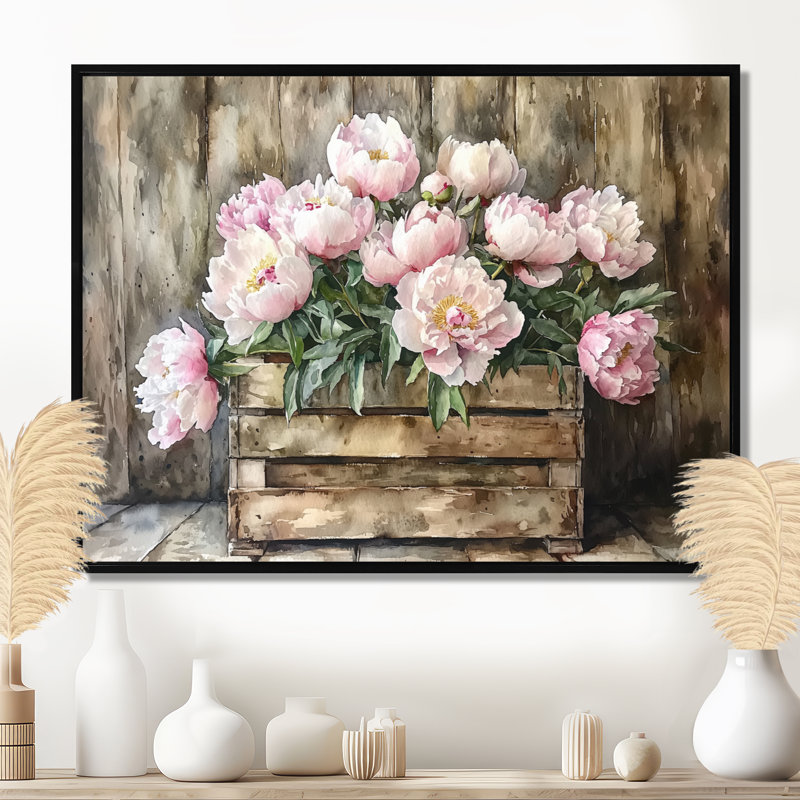 Bouquet de pivoines campagnard chic - pivoines grand art mural, H 12 po x l 20 po, Avec cadre, Noir