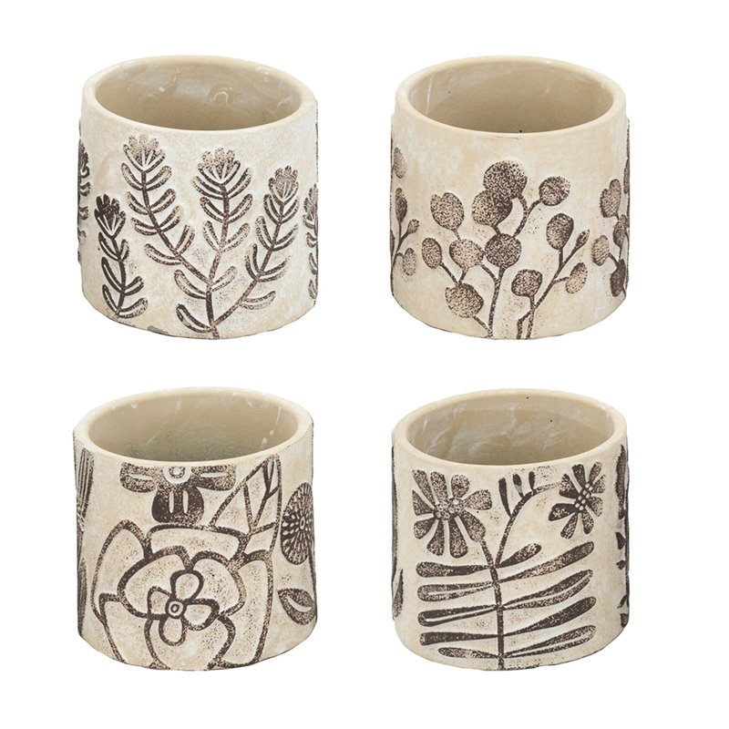 Of 4 Gray Sand - Cement Planters With Brown Botanical Highlights, 4.3X4.3X4 Inches, Add Charm To Entryway Room Interior And Patterns, Complement Bohemian Decor