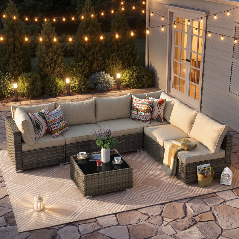 7-Piece 6-Person Modular Outdoor Wicker Patio Conversation Set with Cushions and Tempered Glass Table, Beige