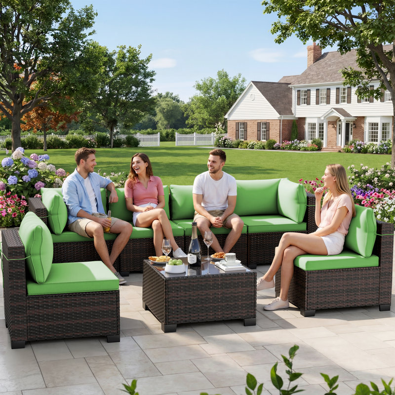 7-Piece Patio Conversation Sets, Outdoor Rattan Wicker Sectional Sofa with Tea Table & Cushions, Green